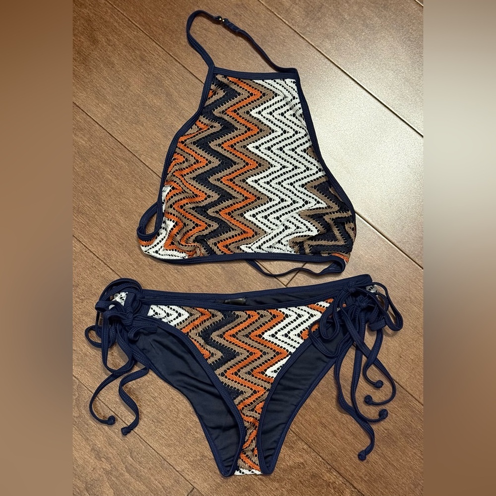Nasty Gal Chevron Knit Halter Top Bikini Navy White Orange Brown NEW W/O TAGS